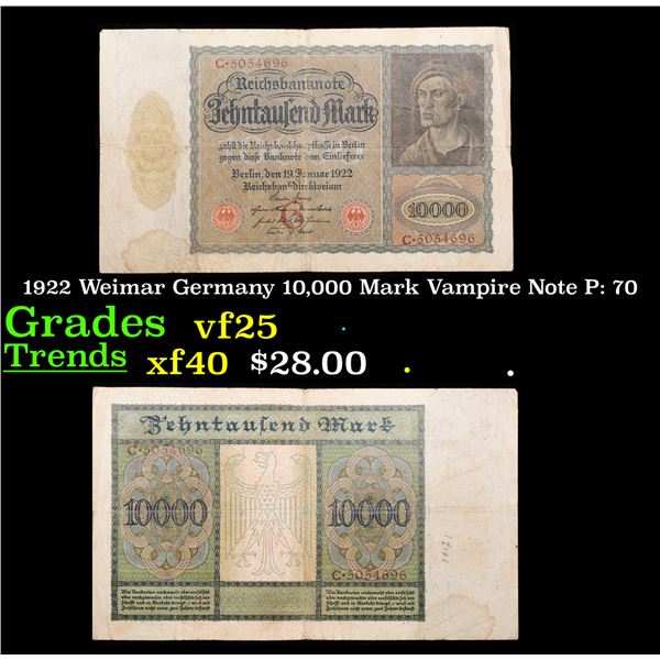 1922 Weimar Germany 10,000 Mark Vampire Note P: 70 Grades vf+