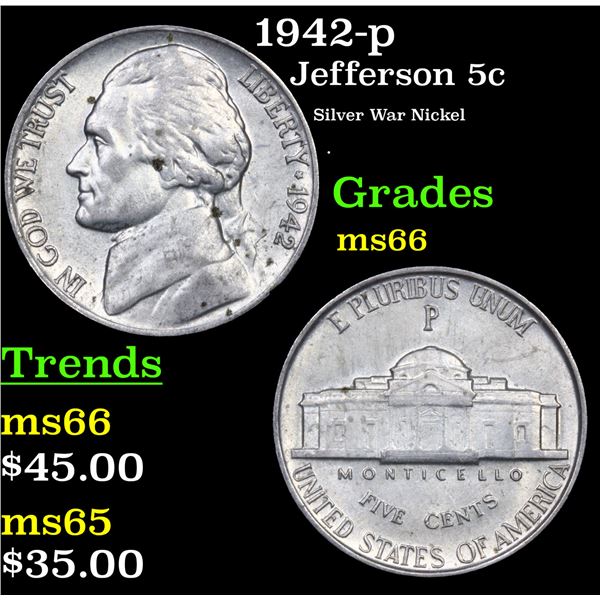 1942-p Jefferson Nickel 5c Grades GEM+ Unc