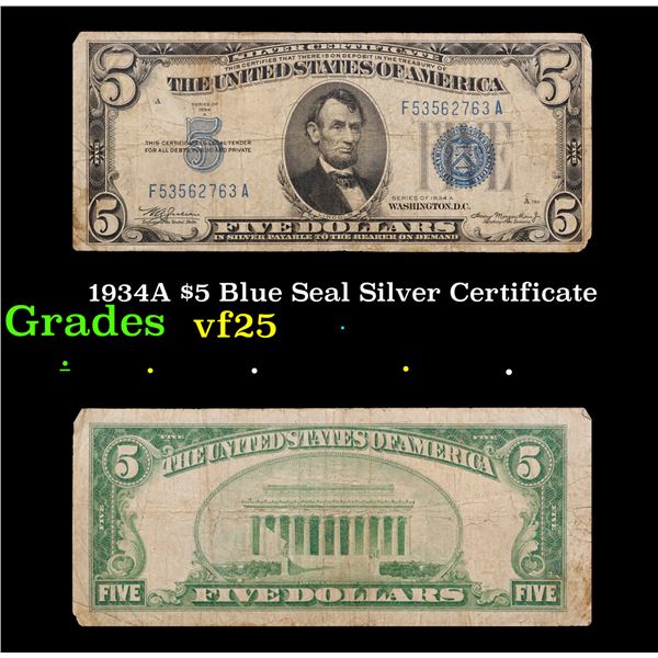 1934A $5 Blue Seal Silver Certificate Grades vf+