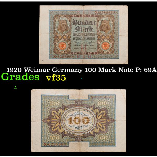 1920 Weimar Germany 100 Mark Note P: 69A Grades vf++