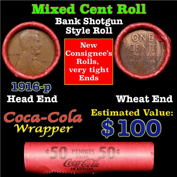 Mixed small cents 1c orig shotgun roll,  Wheat Cent, 1916-p Lincoln Cent other end, Coca Cola Brandt