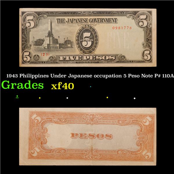 1943 Philippines Under Japanese occupation 5 Peso Note P# 110A Grades xf