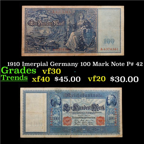 1910 Imerpial Germany 100 Mark Note P# 42 Grades vf++