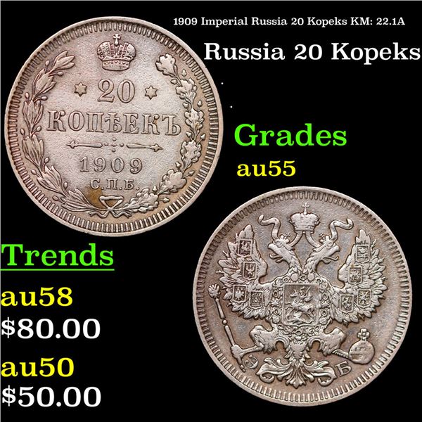 1909 Imperial Russia 20 Kopeks KM: 22.1A Grades Choice AU