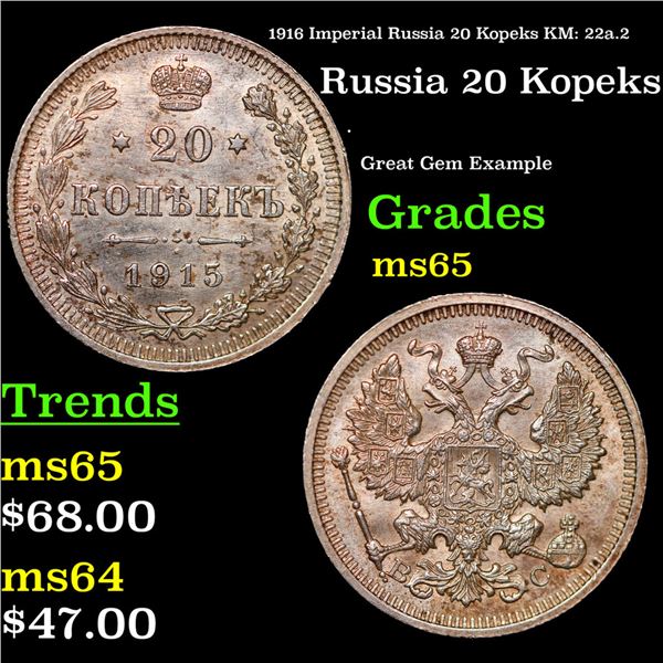 1916 Imperial Russia 20 Kopeks KM: 22a.2 Grades GEM Unc