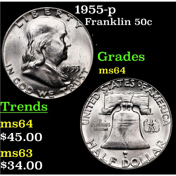 1955-p Franklin Half Dollar 50c Grades Choice Unc