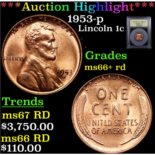 ***Auction Highlight*** 1953-p Lincoln Cent 1c Graded GEM++ RD By USCG (fc)