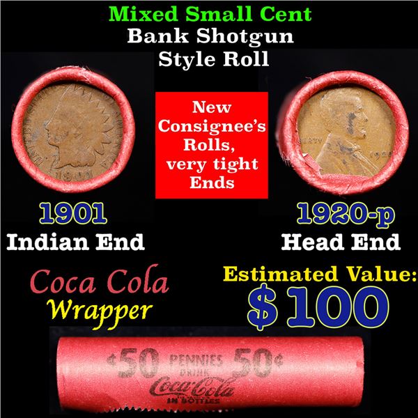 Mixed small cents 1c orig shotgun roll, 1920-p Lincoln Cent, 1901 Indian Cent other end, Coca Cola B