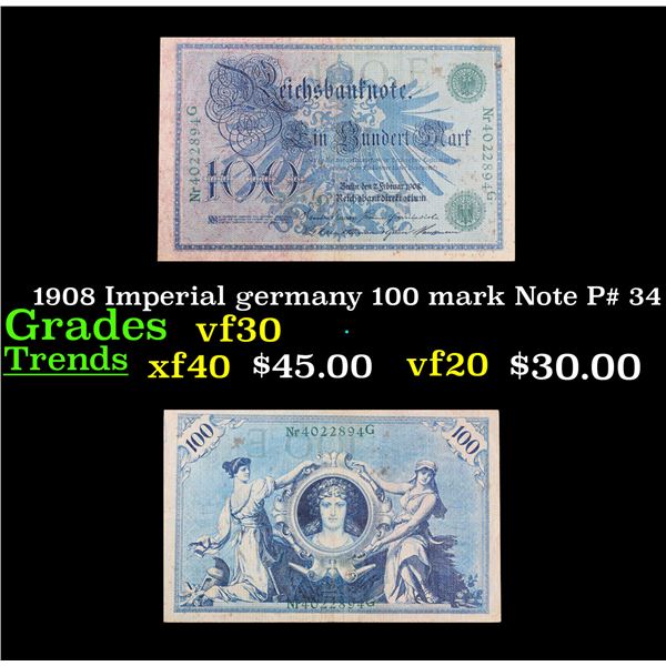 1908 Imperial germany 100 mark Note P# 34 Grades vf++