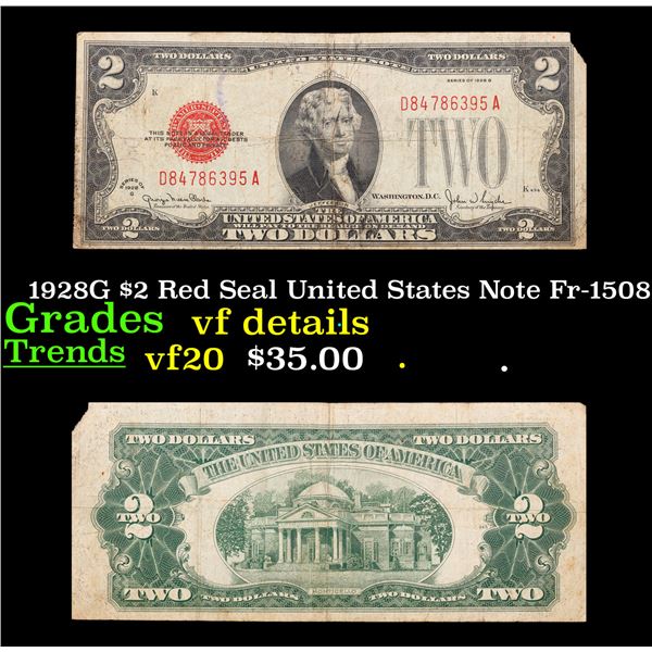 1928G $2 Red Seal United States Note Fr-1508 Grades vf details