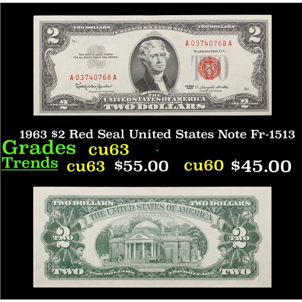 1963 $2 Red Seal United States Note Fr-1513 Grades Select CU