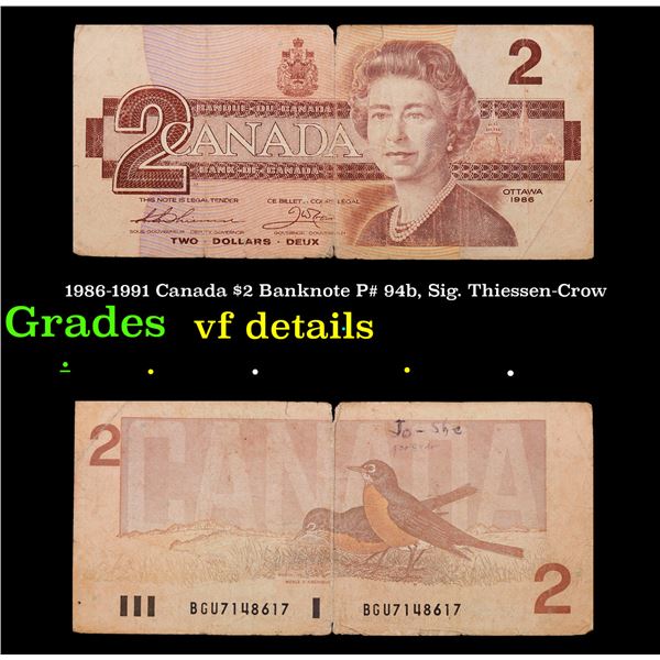 1986-1991 Canada $2 Banknote P# 94b, Sig. Thiessen-Crow Grades vf details