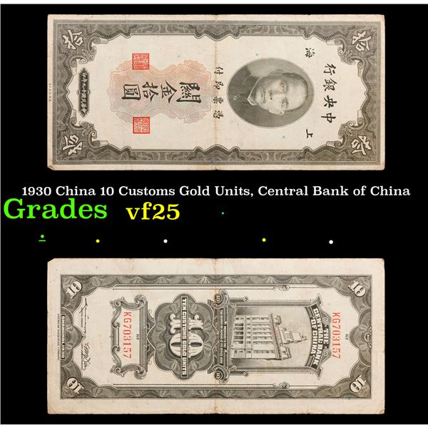 1930 China 10 Customs Gold Units, Central Bank of China Grades vf+