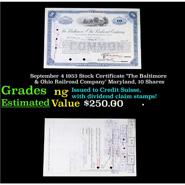 September 4 1953 Stock Certificate 'The Baltimore & Ohio Railroad Company' Maryland, 10 Shares