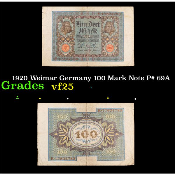 1920 Weimar Germany 100 Mark Note P# 69A Grades vf+