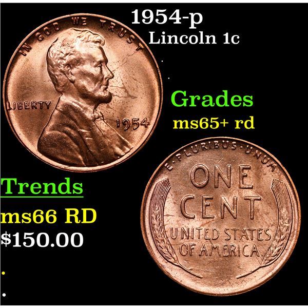 1954-p Lincoln Cent 1c Grades Gem+ Unc RD