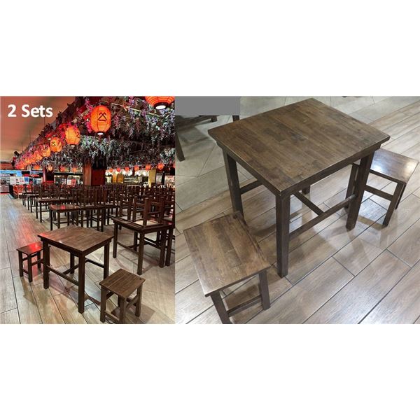 Qty 2 Wooden Tables 30"x25"x30"H w/ 4 Matching Stools 16"x12"x17"H