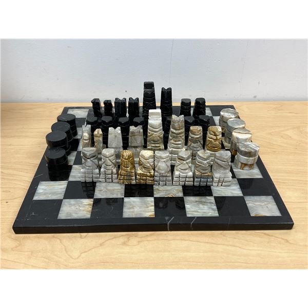 Carved Stone Chess / Checkers Set - Chess pieces look complete - missing on checker piece
