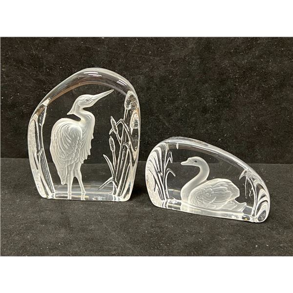 2 Wedgwood England Crystal Art Glass Bird Paperweights - Taller 4.5" wider 4"