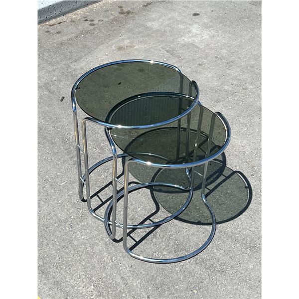 2 Vintage Mid Century Chrome & Smoked Glass Nesting Tables (see all photos)