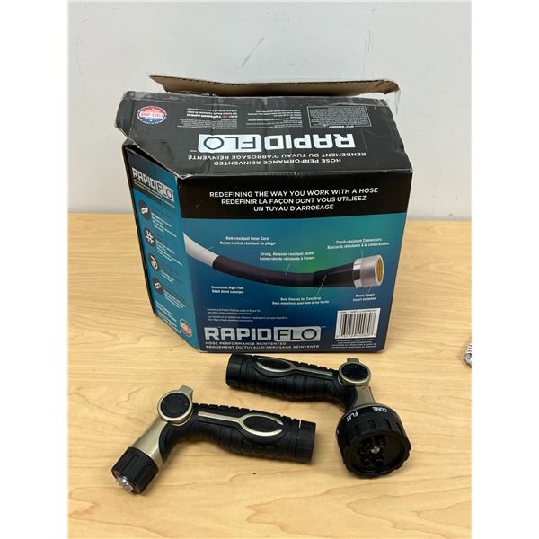 Rapid Flo 100' Yard / Garden Hose & 2 Hose Nozzles (hose shows use, see pics, not tested)