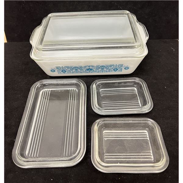 Vintage Pyrex Horizon Blue 0503 Refrigerator Dish with Lid & Extra Lids as pictured