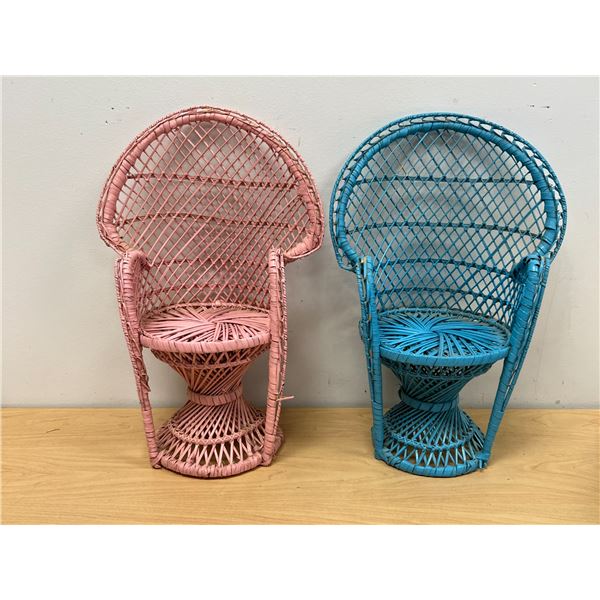 2 Decorative Wicker Peacock Style Chair Plant Stands / Holders - About 16" tall