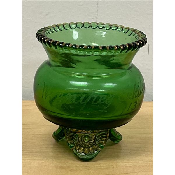 1913 Winnipeg Exhibition - Small Green Footed Glass - approx: 2.5"T 2.25"W