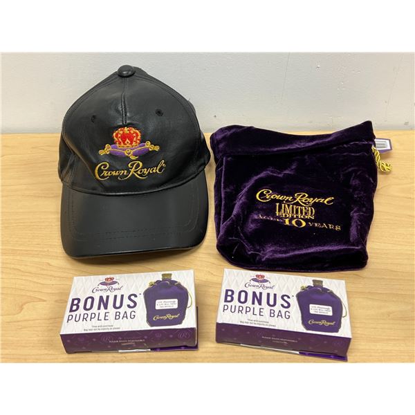 Crown Royal Leather Hat & Collectible Bottle Bags as pictured (hat is good used condition)