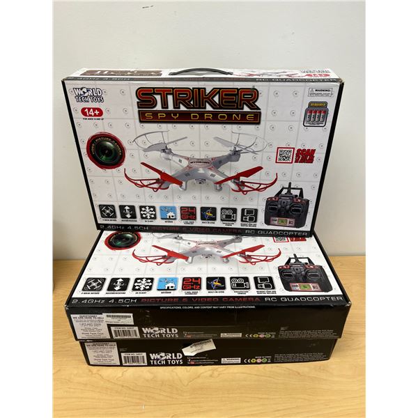 3 Striker Spy Drones & 2 Remotes as pictured - Not tested - Used in box (see all photos)