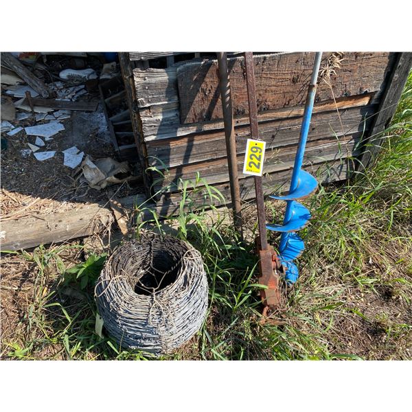 Barb wire, Auger, bit, jack & tractor tire (poor)