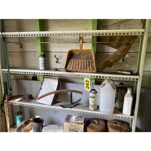 Shelf c/w contents, twine, table, books, jars, puzzle bowls, picture frames and misc.