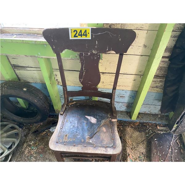 Old wood chair, waders, jars, dishes, table, sleeping bag etc.