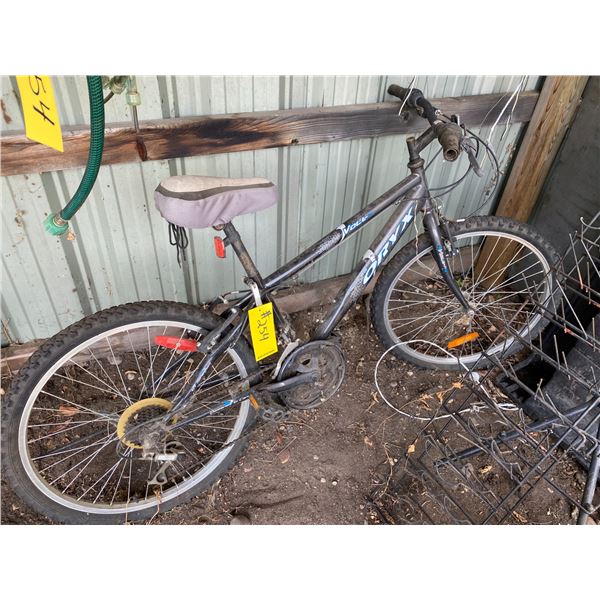 Bicycle, hose, rims, pump, tin & misc. in corner