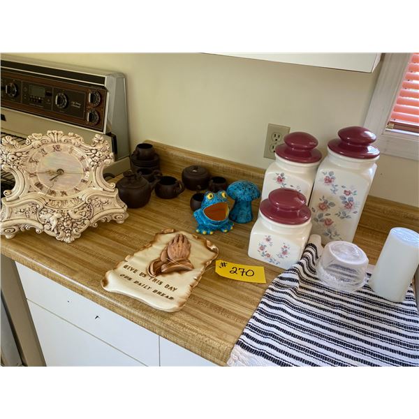 Clock, Ornaments & 3- Kitchen canisters