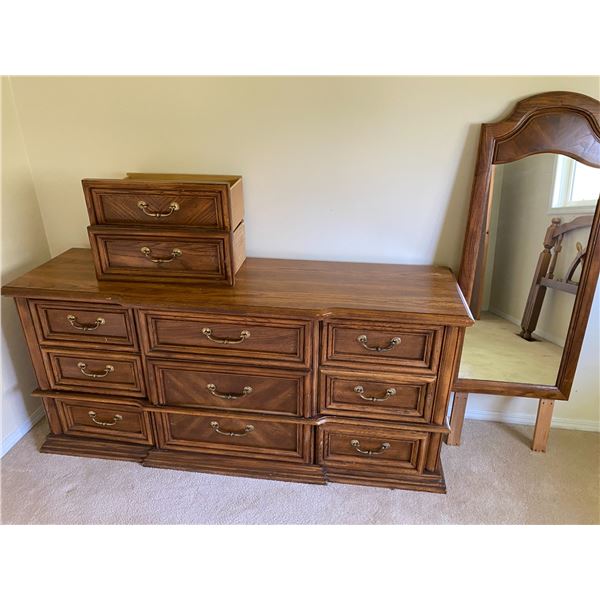 Bed, Dresser, night table, mirrors & 3- Bed frames