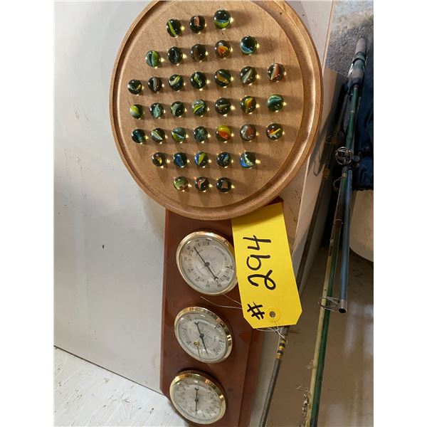 Marble game, barometer, hamper & fishing rods