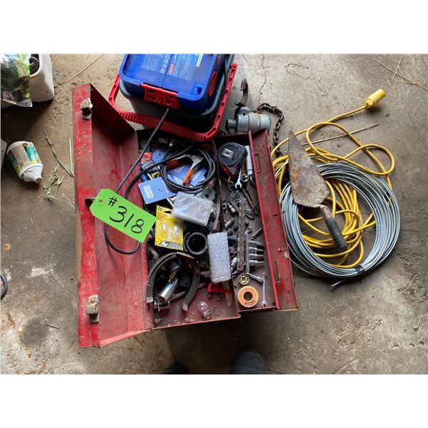 Tool box, cable, cords, come-a-long & misc.