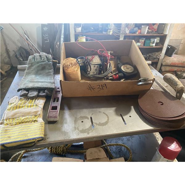 Rolling counter c/w contents belt lacer, pins, paint, misc., etc.