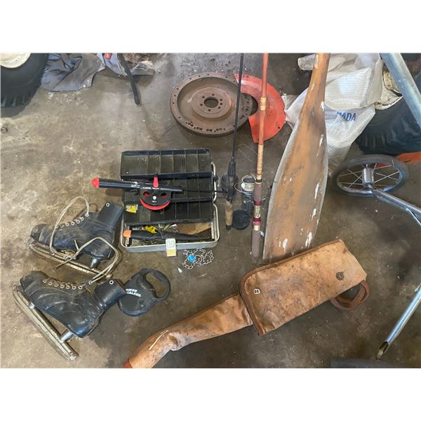 Golf Clubs, fishing equip., paddle, gun case, etc.