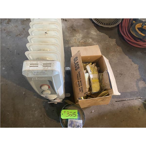 Box of Gloves, elec. Heater & blue paint