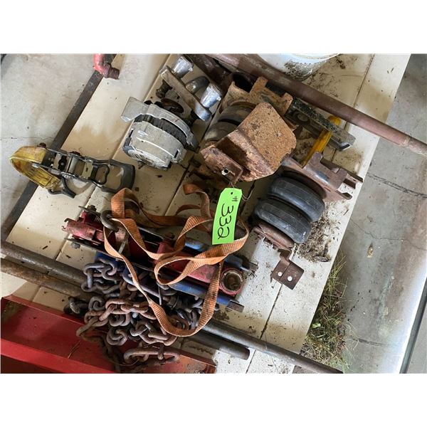 Chain, straps, air shocks, jack, chain, tool box & misc. weed eater line