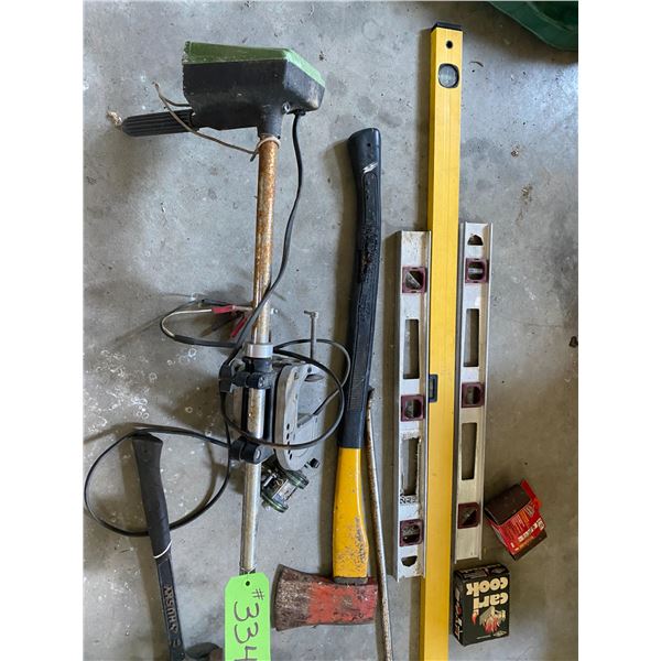 Hammer, Axe, levels, trolling motor, reel