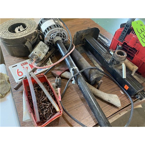 Jack, chainsaw, axe, sump pump, screws, belting