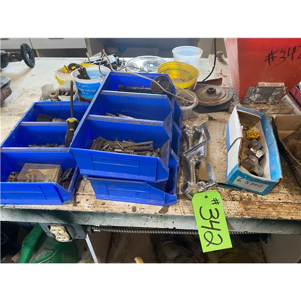 Bins c/w screws, bolts, tools, misc. tool box, latches, etc.