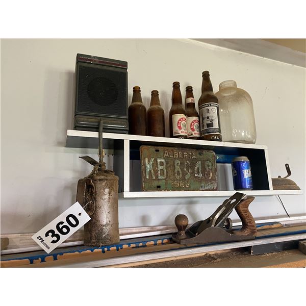 1962 Plate, planer, oil can, bottles, iron