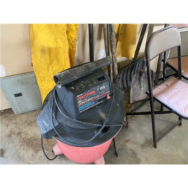 Rain gear, vacuum (working), chairs & misc. tools