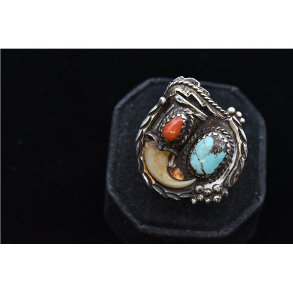 Vintage Estate Navajo Sterling Turquoise Coral Claw Ring