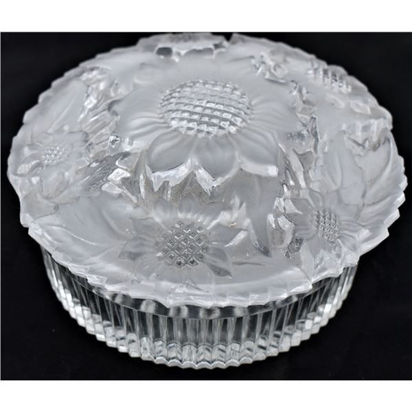 Antique Vintage Imperial Glass Lidded Powder Jar, ca. 1930s-1940s, Sunflower motif, frosted glass li