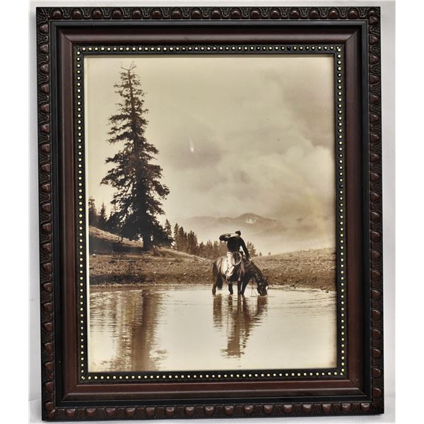 Framed Cowboy Print ''Cowboy at the Watering Hole''